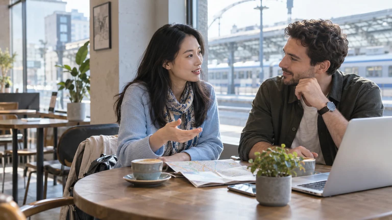 Due adulti che conversano davanti a una mappa e a un portatile in un bar