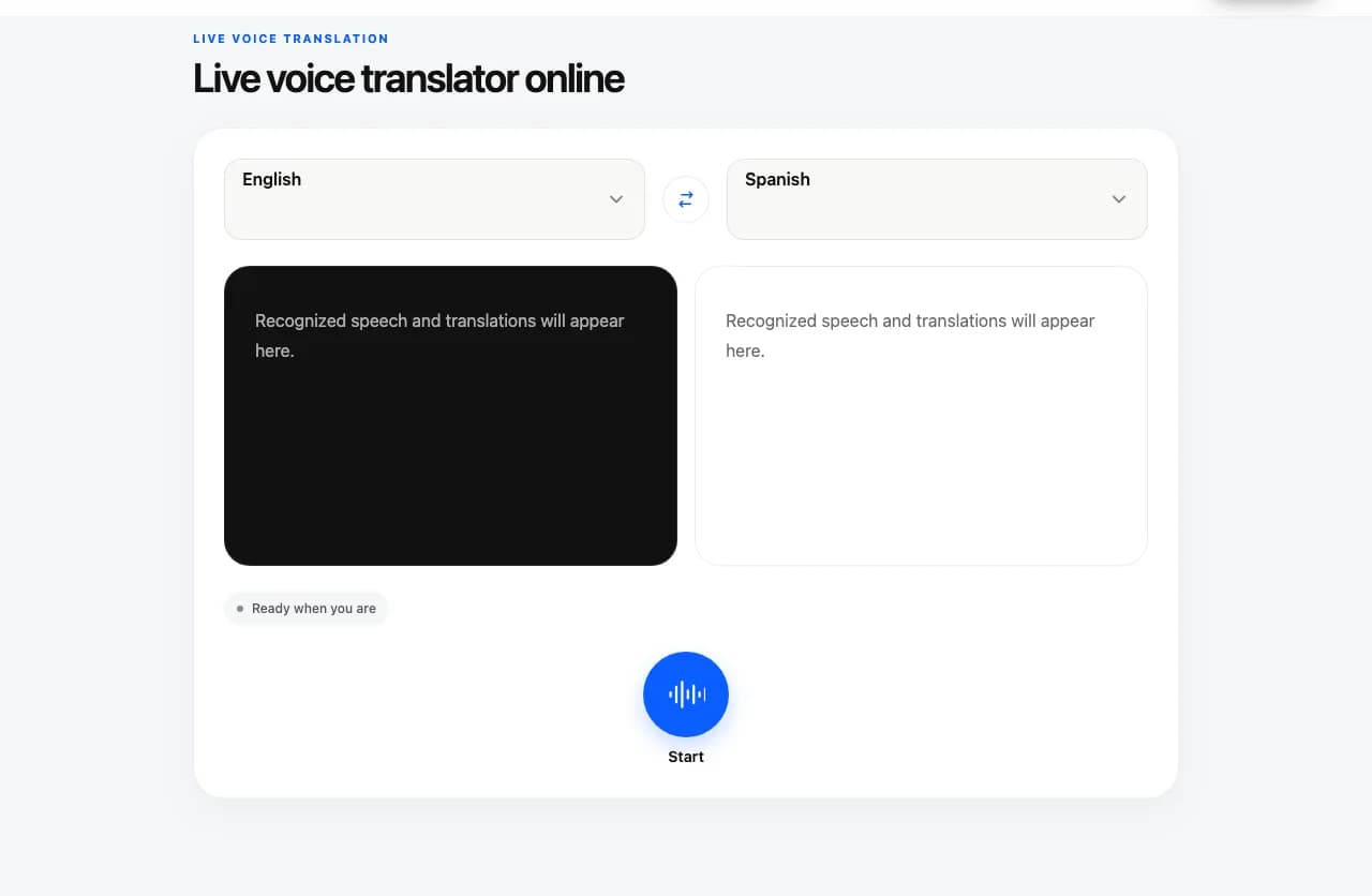 Esempio del traduttore di testo Owll Translator con inglese e spagnolo selezionati, due riquadri compatti per i sottotitoli e il pulsante Avvia