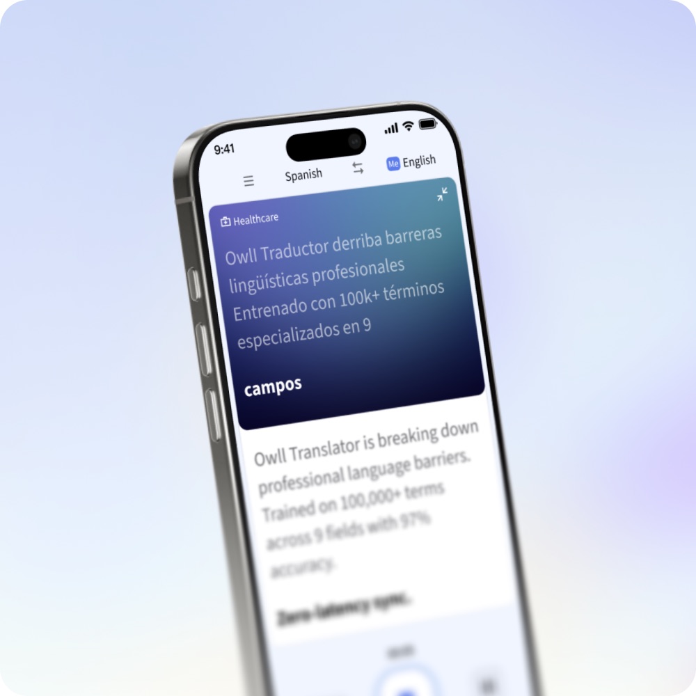 Owll Translator phone demo showing translated speech for earphone listening